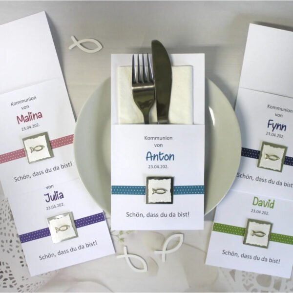 Bestecktasche zur Konfirmation - Kommunion "Punkte" personalisiert, Design 304  in rosa-blau-türkis-lila oder grün