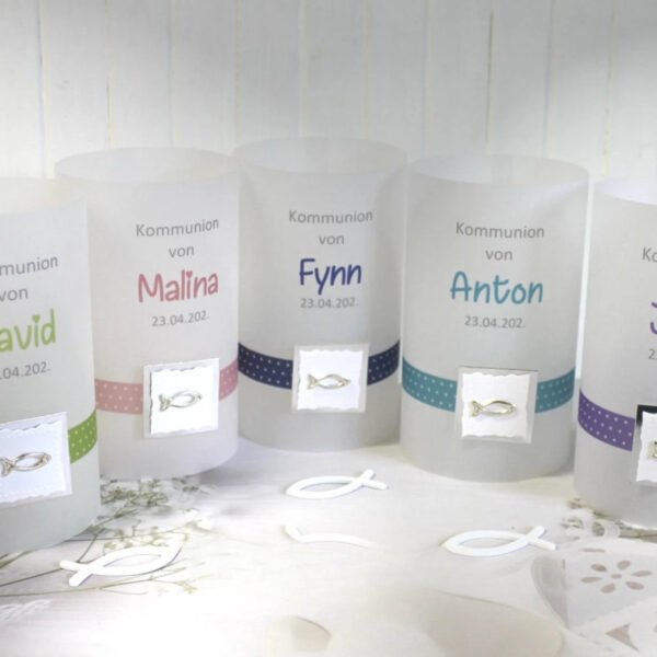 Lichthülle, Windlicht Pergament "Taag Fisch" für Konfirmation,Kommunion oder Taufe, Design304