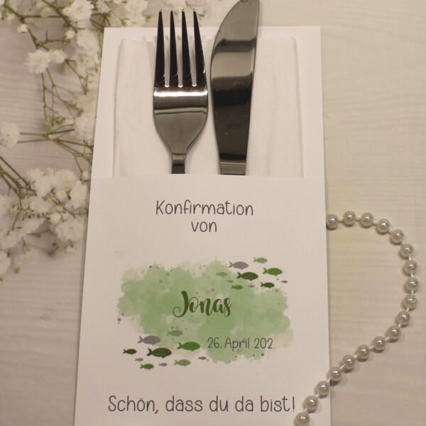 Bestecktasche "Fisch grün" zur Konfirmation, Kommunion oder Taufe, Design K30