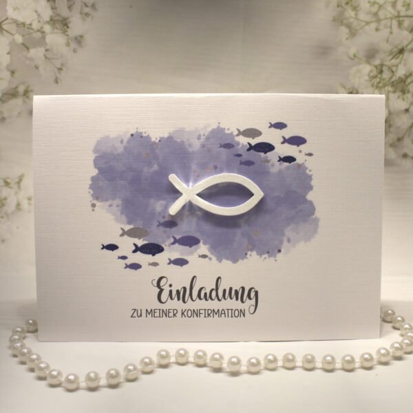 Einladungskarte "Fisch lila" zur Konfirmation-Kommunion-Firmung-Taufe incl. Umschlag Design K30