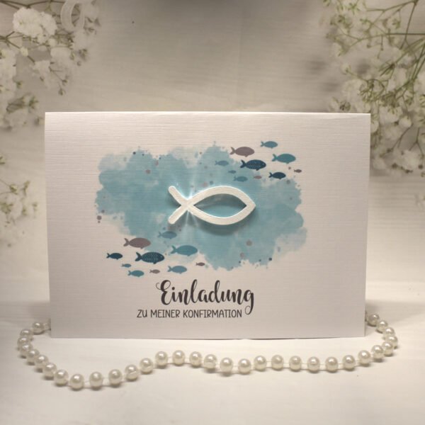 Einladungskarte "Fisch türkis" zur Konfirmation-Kommunion-Firmung-Taufe incl. Umschlag Design K30