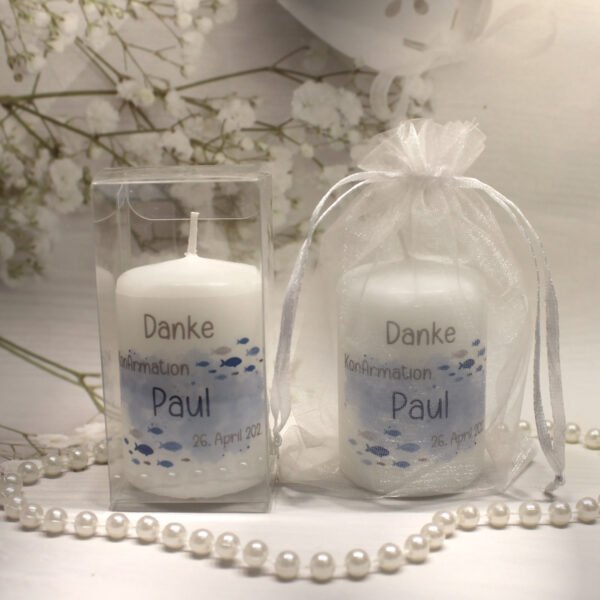 Gastgeschenk Kerze "Fisch blau" wahlweise im Organzasäckchen oder in der Geschenkschachtel Design K30