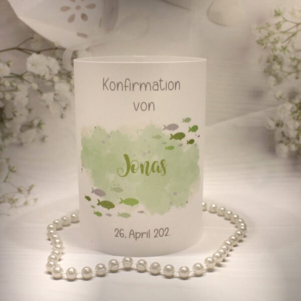 Lichthülle, Windlicht Pergament zur Konfirmation, Kommunion, Firmung oder Taufe "Fisch grün" Design K30