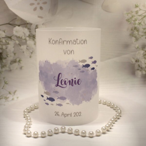 Lichthülle, Windlicht Pergament zur Konfirmation, Kommunion, Firmung oder Taufe "Fisch lila" Design K30