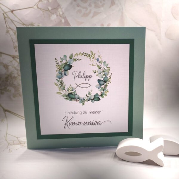 Bastelset DIY "Eukalyptus weiss" Einladung zur Konfirmation, Kommunion oder Firmung Design K19