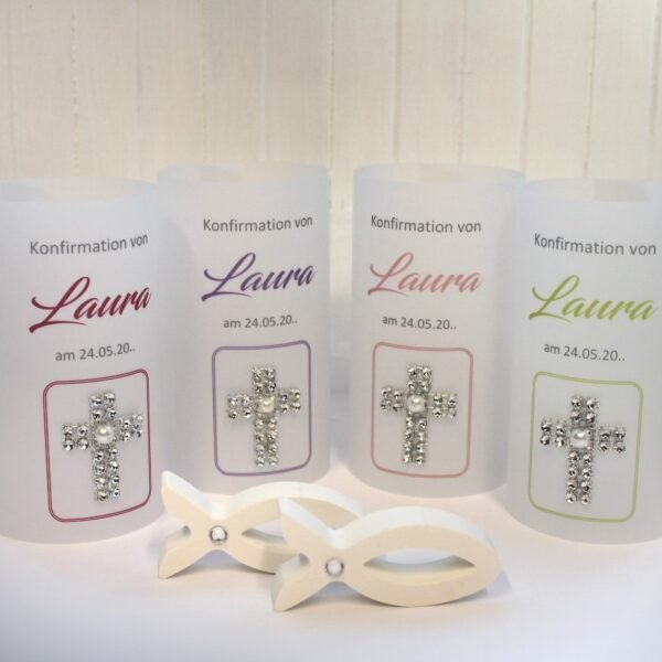 Lichthülle, Windlicht Pergament "Strasskreuz" Konfirmation oder Kommunion, in 4 Farben, Design 100 zum kleinen Preis!