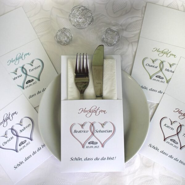 Bestecktasche zur Hochzeit "2 Herzen" personalisiert, Design 10001 wahlweise in 5 Farben: türkis-altrosa-grün-lila-bordeauxrot
