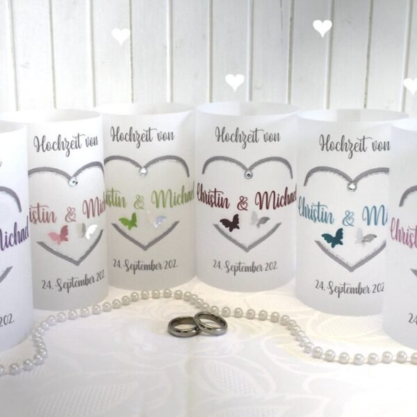 Lichthülle, Windlicht Pergament "Herz mit Schmetterlingen" zur Hochzeit Design 10002