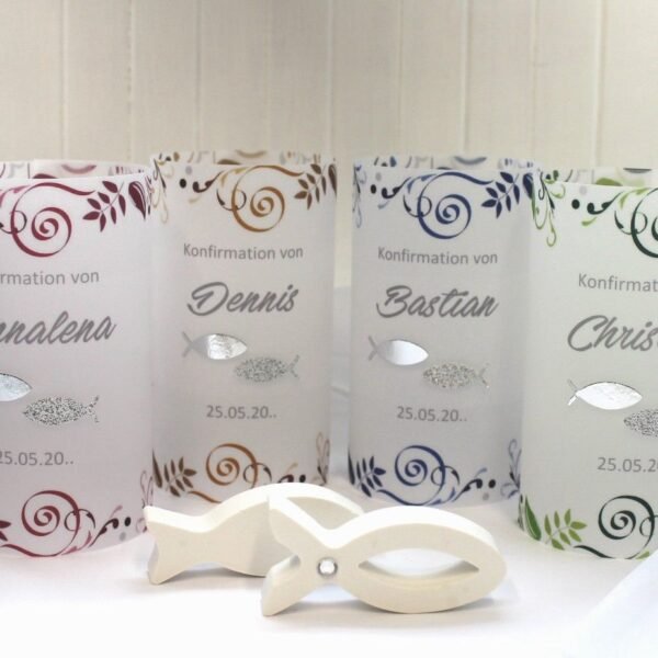 Lichthülle, Windlicht Pergament "Ornamente mit Fischen" Konfirmation, Kommunion oder Firmung Design 106