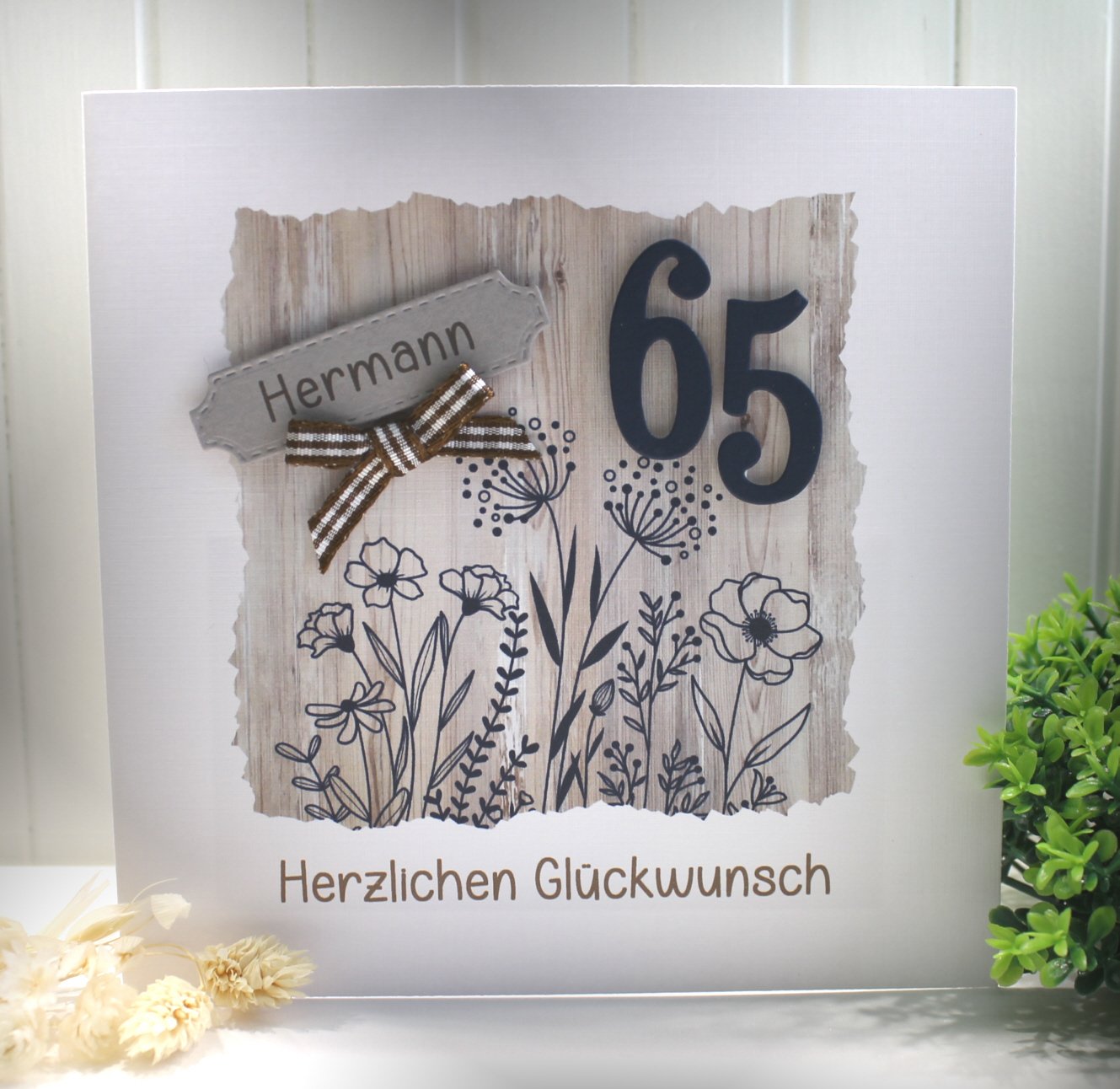 Glückwunschkarte zum Geburtstag "Holzoptik Blüten blau" mit Personalisierung und auf Wunsch als Geldgeschenk Design 119