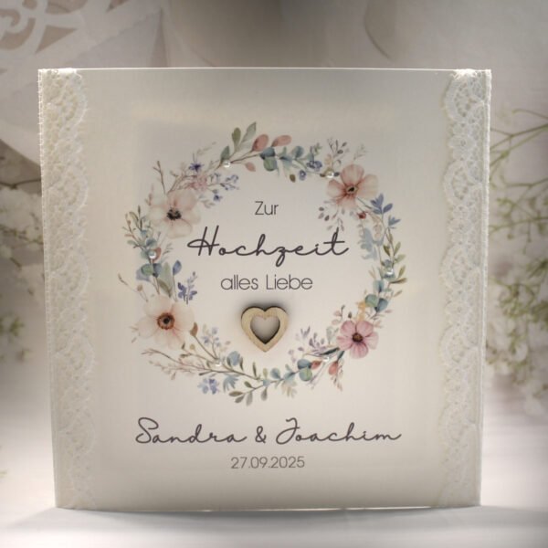 Glückwunschkarte zur Hochzeit "Blütenkranz" mit echter Spitze, incl. Personalisierung und auf Wunsch als Geldgeschenk Design 124