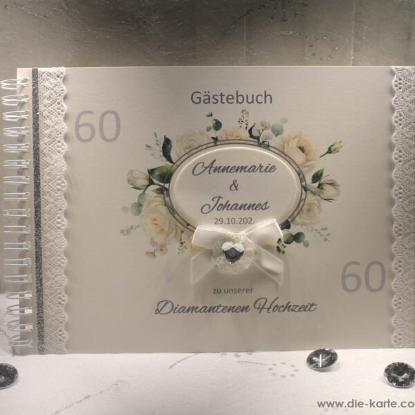 Gästebuch zur Diamantenen Hochzeit "Rosenkranz" mit echter Spitze Design 12514