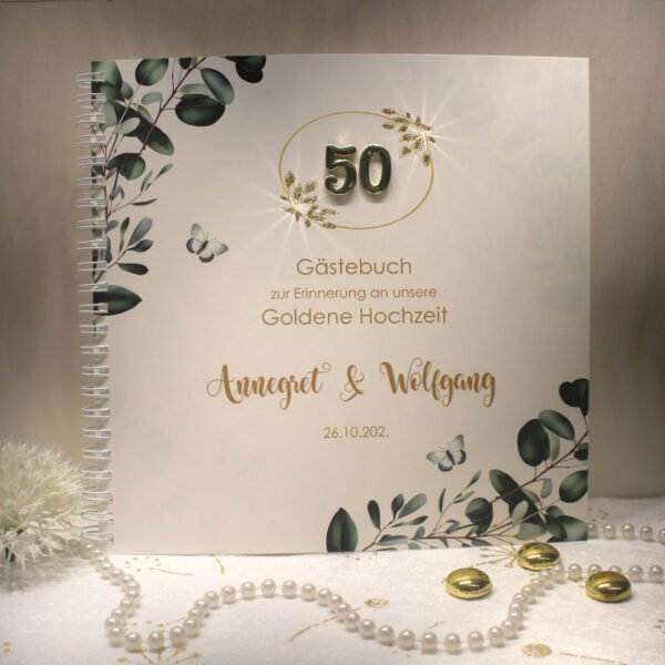 Gästebuch zur Goldenen Hochzeit, Eukalyptus, personalisiert Design 12815