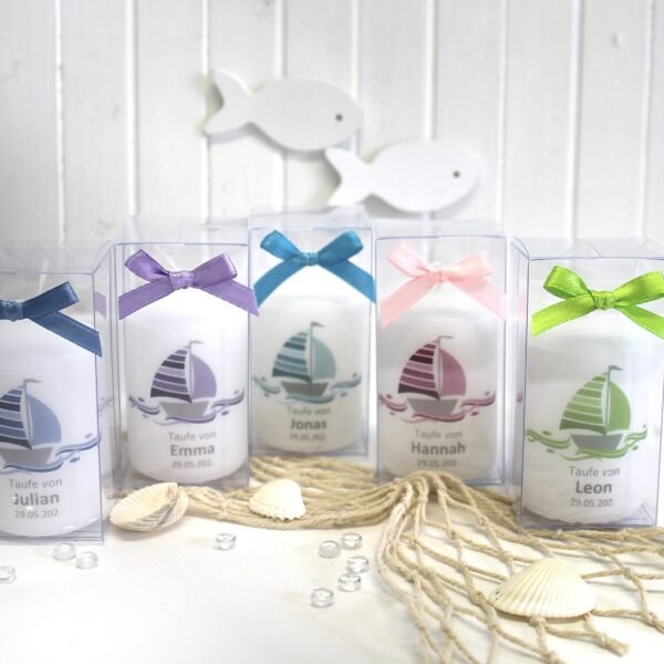 Gastgeschenk Kerze "Schiff" wahlweise im Organzasäckchen oder in der Geschenkschachtel mit Schleife Design 206