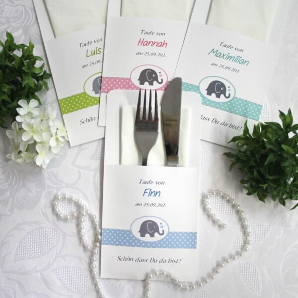 Bestecktasche zur Taufe in 4 Farben "Elefant mit Herz" personalisiert, Design 207 in grün-rosa-tükis oder blau