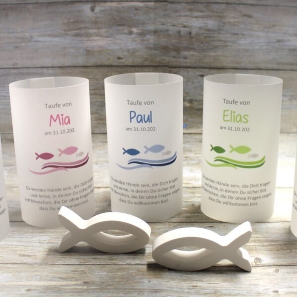 Lichthülle, Windlicht Pergament zur Taufe, Konfirmation oder Kommunion "Welle mit Fischen" in Farben, Design 212