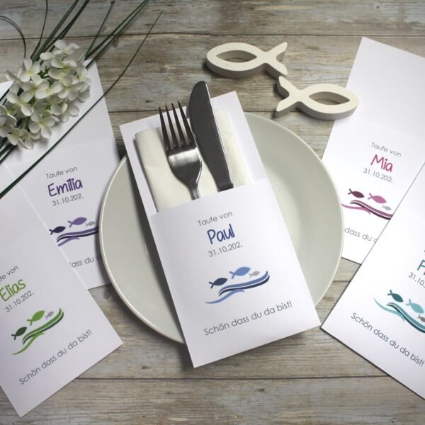Bestecktasche "Welle mit Fisch" zur Taufe,Konfirmation, Kommunion oder Firmung, Design 212 in grün-rosa-türkis-blau oder lila