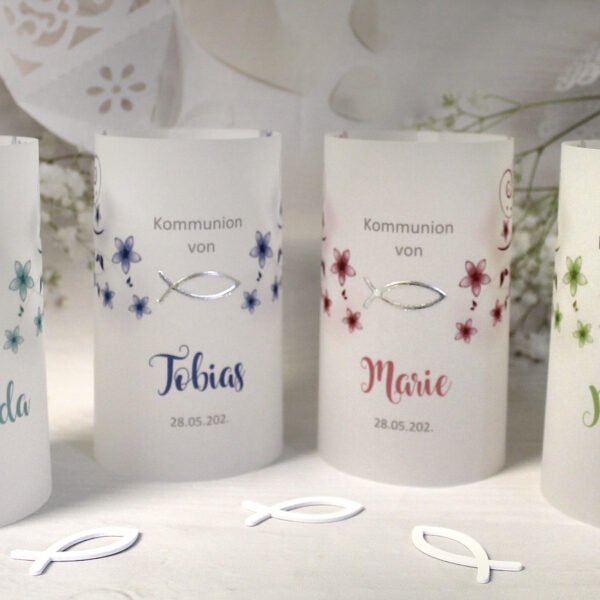 Lichthülle, Windlicht Pergament zur Konfirmation, Kommunion oder Taufe "Blüten" Design 301