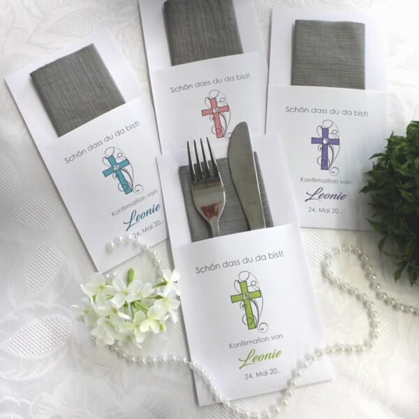 Bestecktasche zur Konfirmation - Kommunion "Kreuz" in 4 Farben, personalisiert, Design 305 in grün-türkis-rosa oder lila