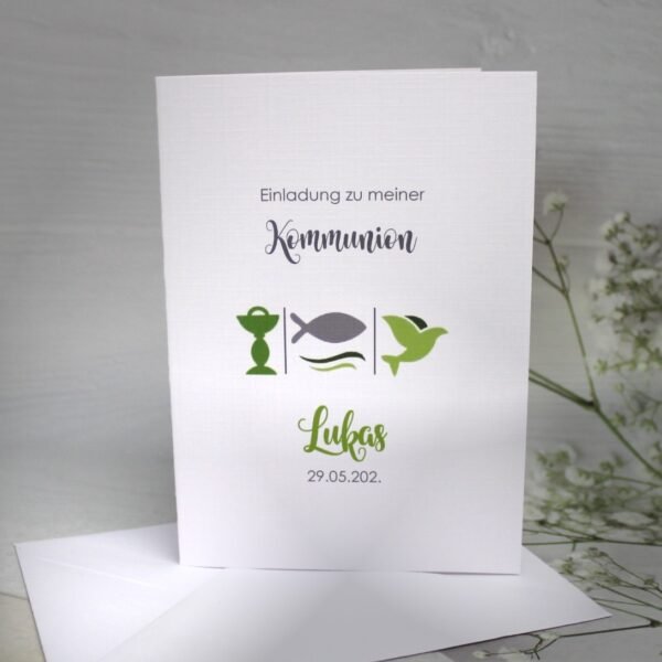 Einladung zur Konfirmation, Kommunion oder Firmung "3 Motive" incl. Umschlag Design K314 grün