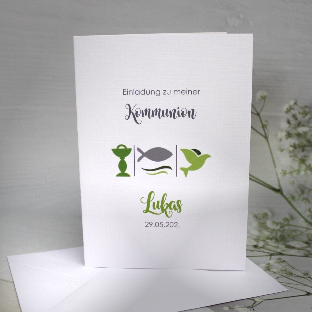 Einladung zur Konfirmation, Kommunion oder Firmung "3 Motive" incl. Umschlag Design K314 grün