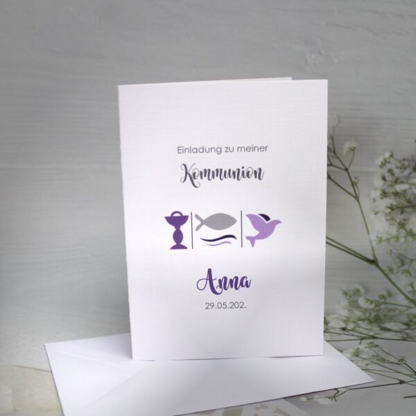 Einladung zur Konfirmation, Kommunion oder Firmung "3 Motive" incl. Umschlag Design K314 lila