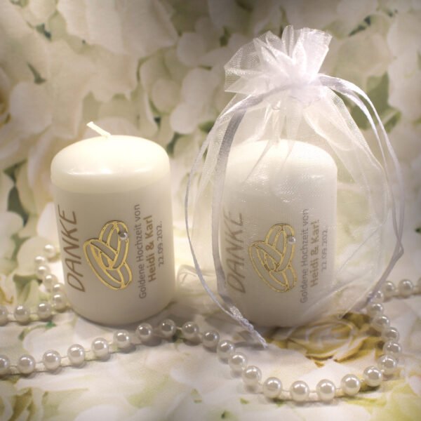 Gastgeschenk Kerze "DANKE" für Ihre Goldene Hochzeit als Dankeschön an Ihre Gäste, im Organzasäckchen, zum kleinen Preis! Design 315GOHO