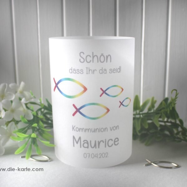Lichthülle, Windlicht Pergament "Regenbogen Fisch" für Konfirmation, Kommunion oder Taufe zum kleinen Preis, Design 318