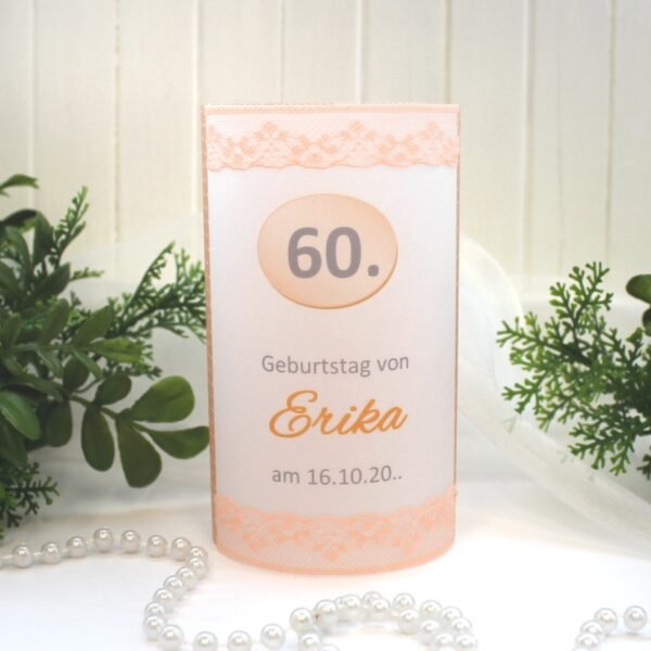 Lichthülle, Windlicht Pergament zum Geburtstag "aprikot" mit echter Spitze Design 421