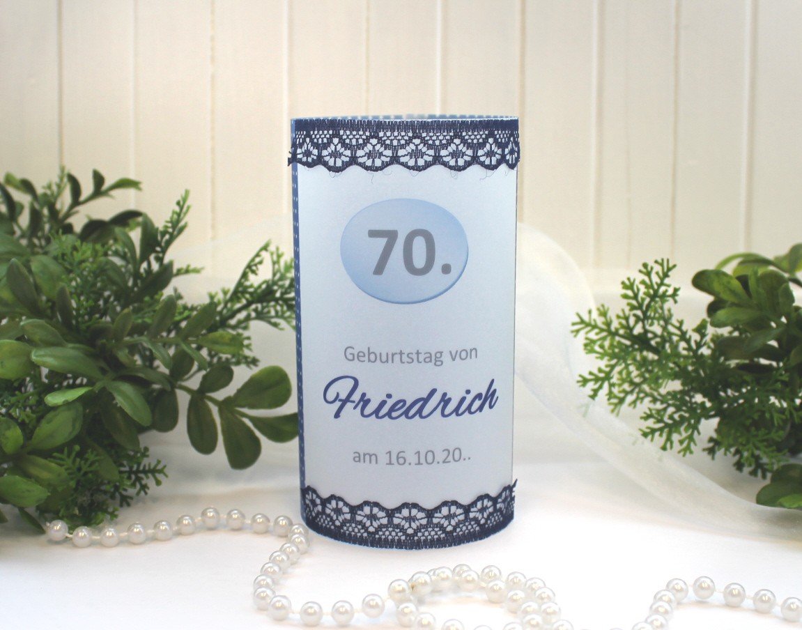 Lichthülle, Windlicht Pergament zum Geburtstag "blau" mit echter Spitze Design 421