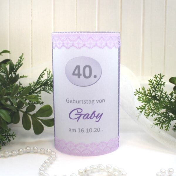 Lichthülle, Windlicht Pergament zum Geburtstag "lila" mit echter Spitze Design 421