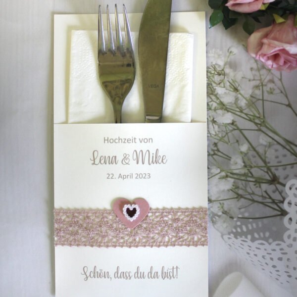 Bestecktasche zur Hochzeit "altrosa Spitze" mit Perlenherz, personalisiert Design 422