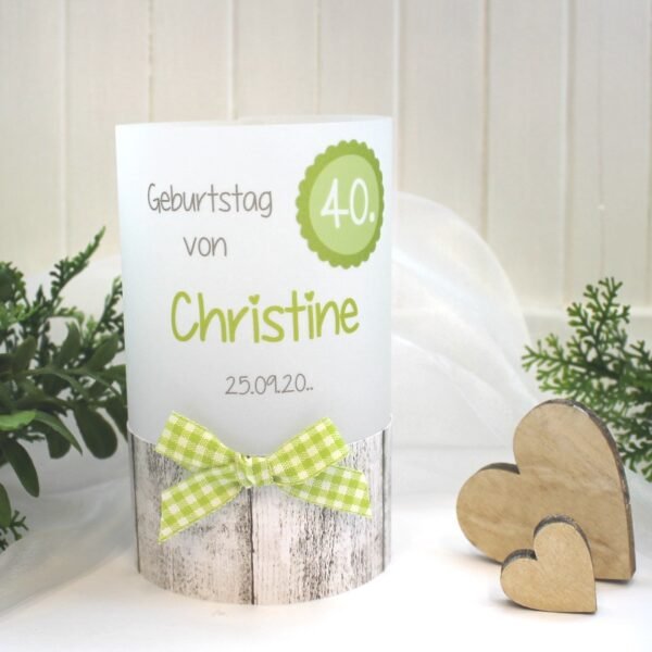 Lichthülle, Windlicht Pergament zum Geburtstag Holzoptik Karoband "grün" Design 422
