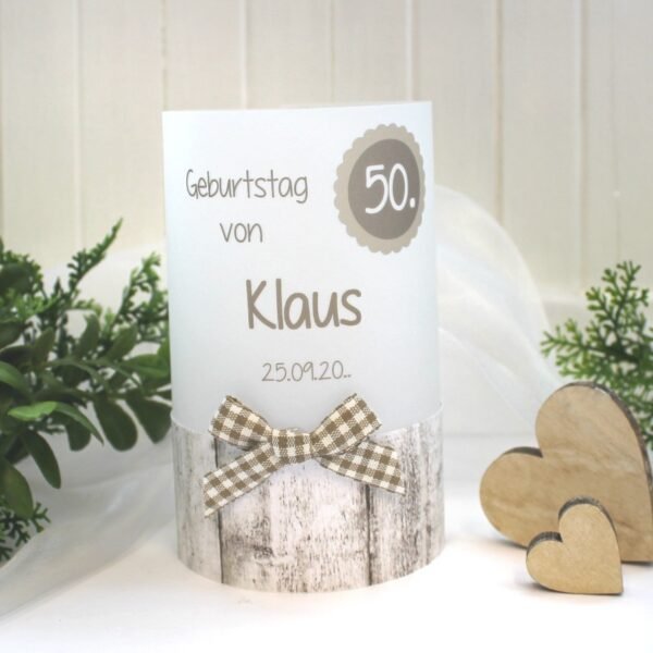 Lichthülle, Windlicht Pergament zum Geburtstag Holzoptik Karoband "braun" Design 422