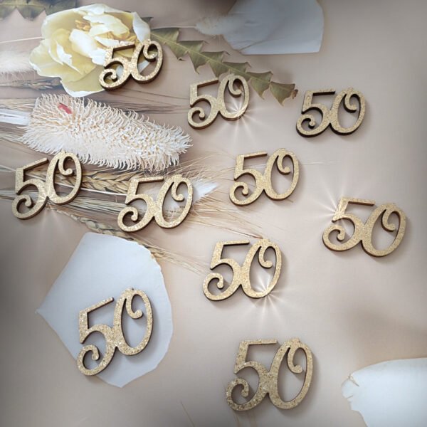 Holz-Zahl 50 – Gold glitzernd 10 Stück Design 28