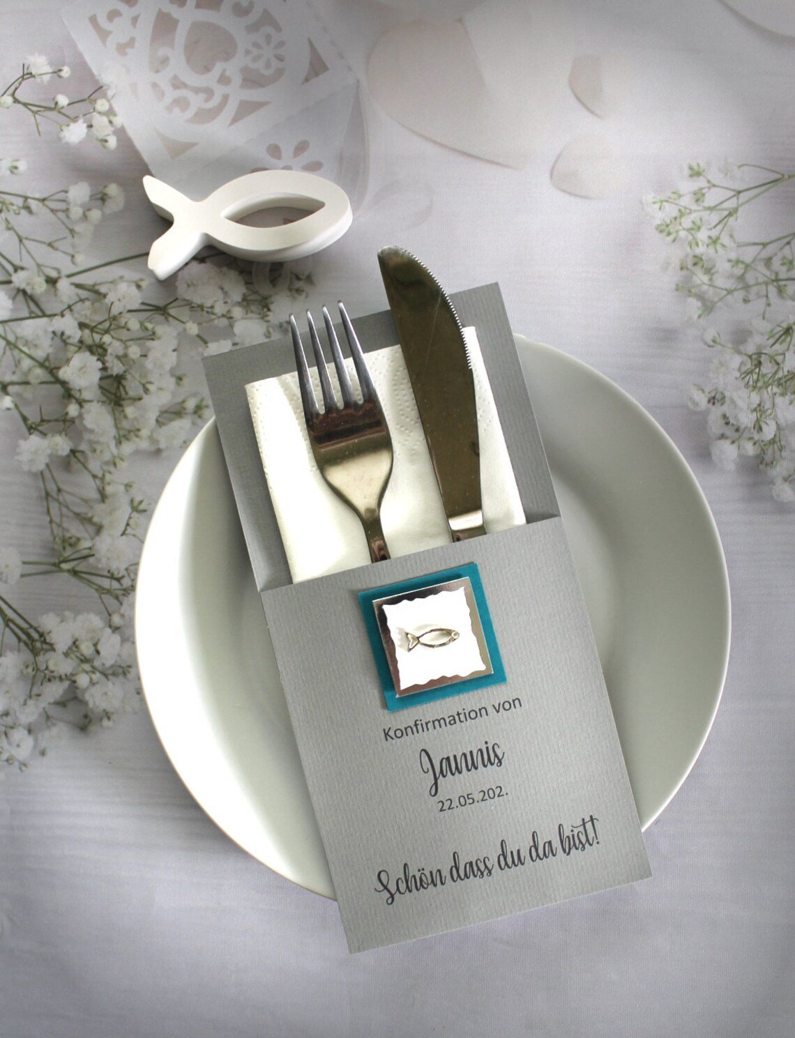 Bestecktasche zur Konfirmation - Kommunion oder Taufe "Fisch" sehr elegant Design 5003