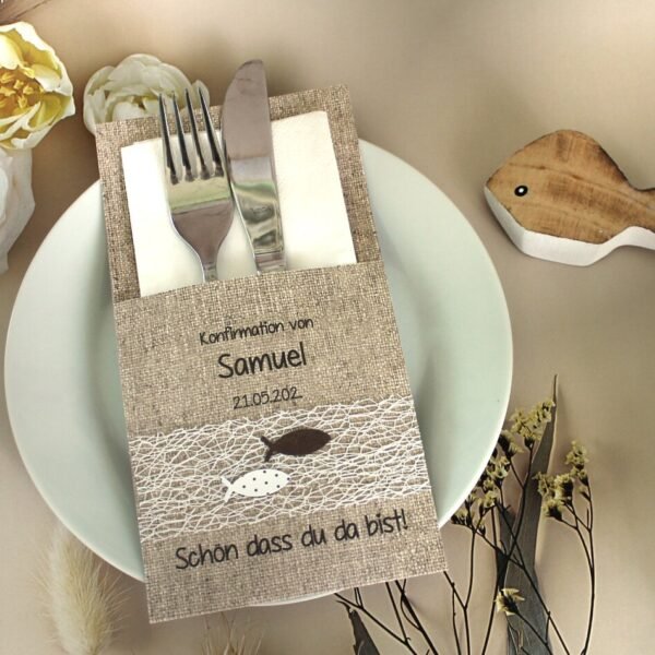 Bestecktasche Leinenoptik zur Konfirmation, Kommunion oder Taufe, personalisiert, Design 5004