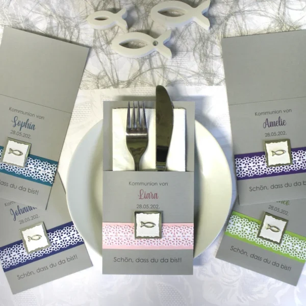 Bestecktasche "Blütenband und Fisch" zur Konfirmation, Kommunion, Firmung oder Taufe Design 5012 in blau-lila-grün-rosa oder türkis