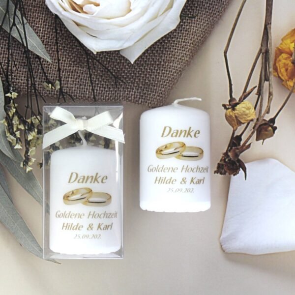Gastgeschenk Kerze zur Goldenen Hochzeit "Ringe" incl. Namen und Datum, Design 501