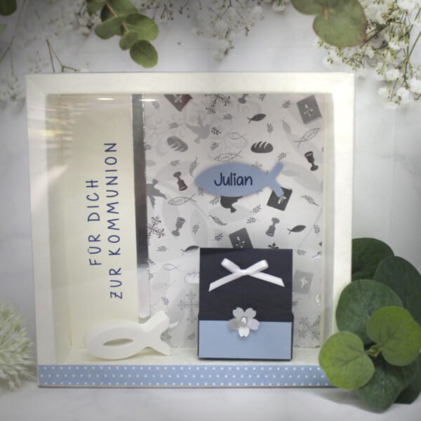 Geschenkschachtel zur Konfirmation, Kommunion oder Firmung "blau" mit transparentem Schiebedeckel, zum kleinen Preis Design 70066