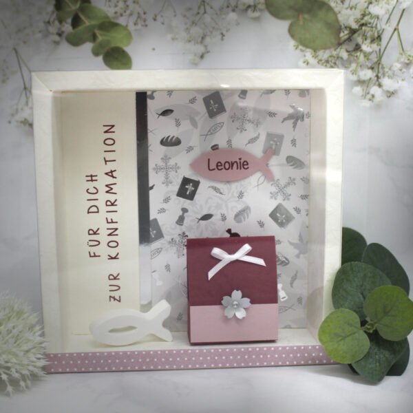 Geschenkschachtel zur Konfirmation, Kommunion oder Firmung "beere" mit transparentem Schiebedeckel, zum kleinen Preis Design 70067