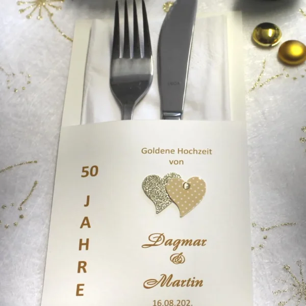 Bestecktasche zur "Goldenen Hochzeit" mit Herzen, personalisiert, Design 7105
