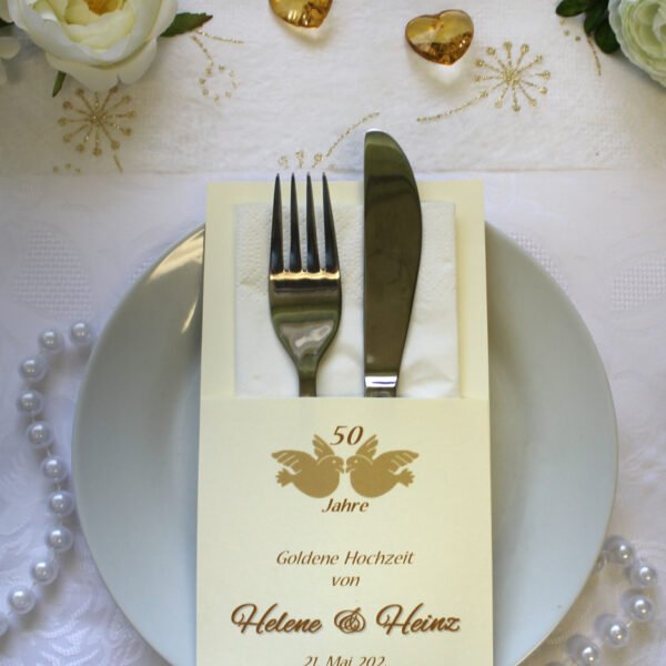 Bestecktasche zur "Goldenen Hochzeit" Taubenpaar, personalisiert, Design 7107