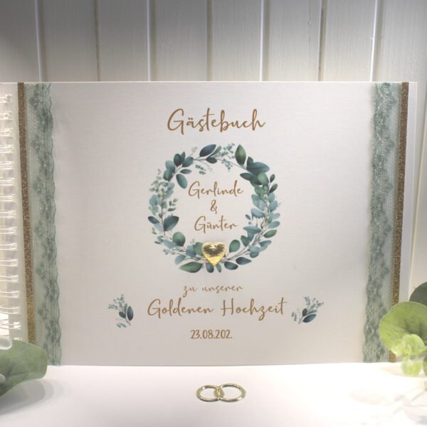 Gästebuch zur Goldenen Hochzeit "Eukalyptuskranz" mit echter Spitze Design 7119