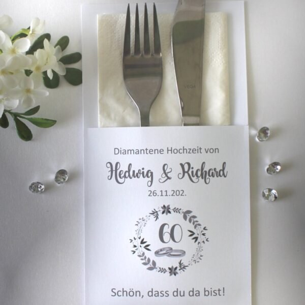 Bestecktasche zur Diamant Hochzeit Blütenkranz mit Ringen Design 7158