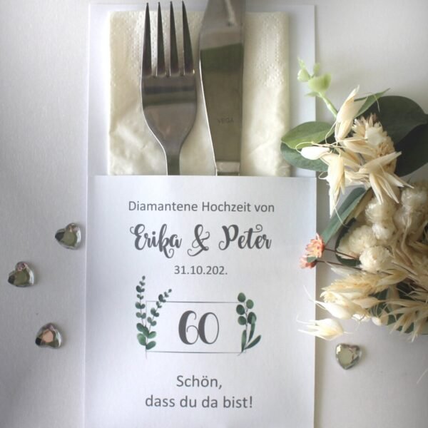 Bestecktasche zur Diamant Hochzeit Eukalyptusrahmen Design 7162