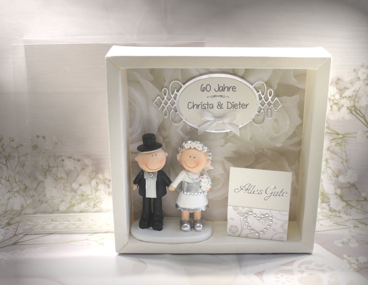 Geschenkschachtel als Rahmen zur "Diamantenen Hochzeit" mit transparentem Schiebedeckel, hochwertige Qualität, Design 8001