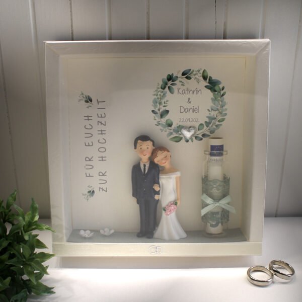 Geschenkschachtel als Rahmen zur "Hochzeit" Eukalyptus mit transparentem Schiebedeckel, hochwertige Qualität, personalisiert, Design 8003