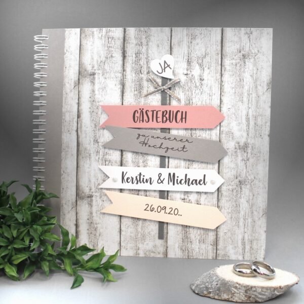 Gästebuch Hochzeit mit Namen Holzoptik "Wegweiser" 80041 in 5 Farben