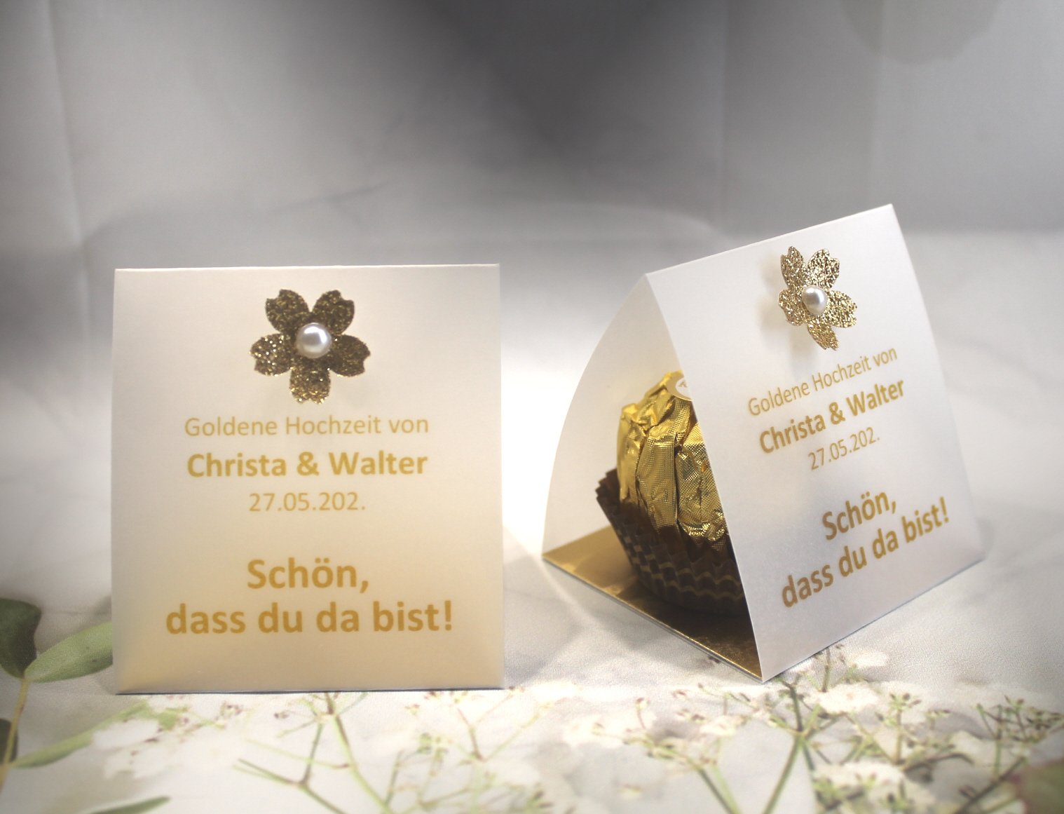 Gastgeschenk zur Goldenen Hochzeit mit Pergament, Schön dass du da bist, für jeden Gast, zum kleinen Preis! Design 900 OHNE Rocher Kugeln!! – Bild 2